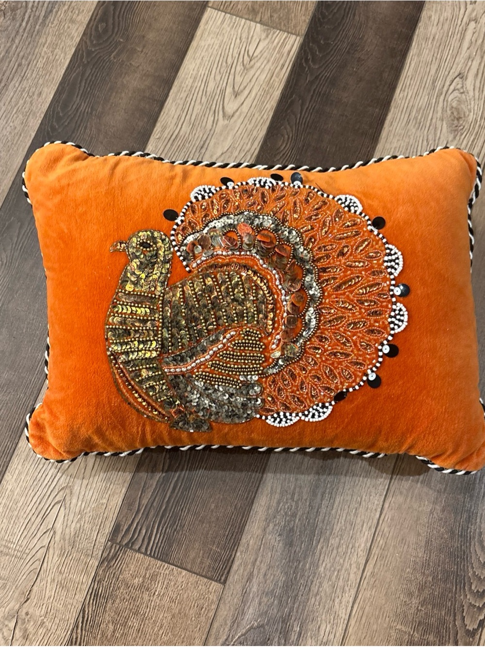 Mackenzie Child-Orange Velvet Decorative Pillow with Beaded Turkey